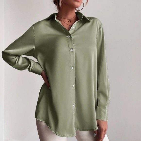 Satin silky button up collared shirt dusty pink - Picture 8 of 12